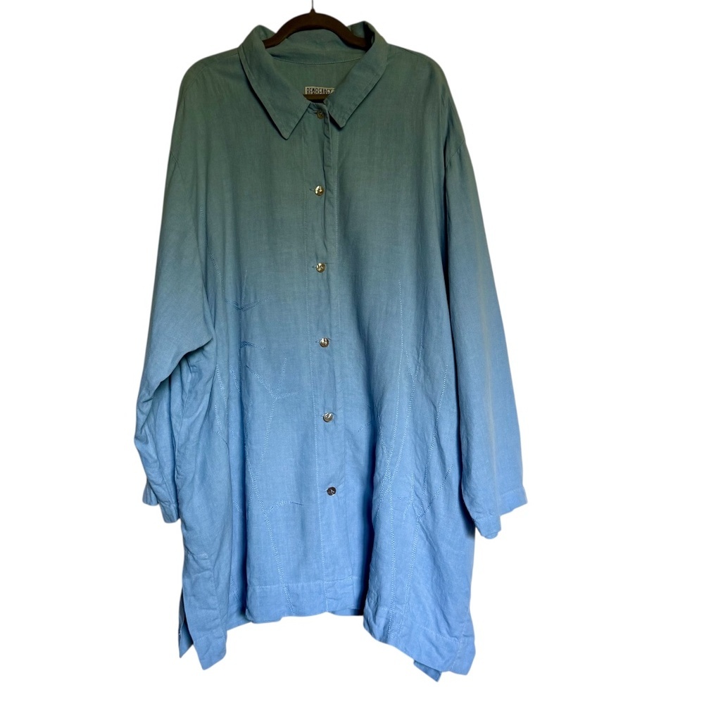 Democracy Blue Linen Button Front Blouse Embroidery Plus Size 3X‎ Lagenlook